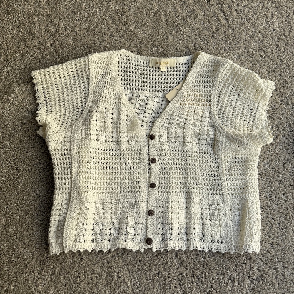 Rebellion Cardigan Sweater Womens L White Crochet V Neck Button Front Boho